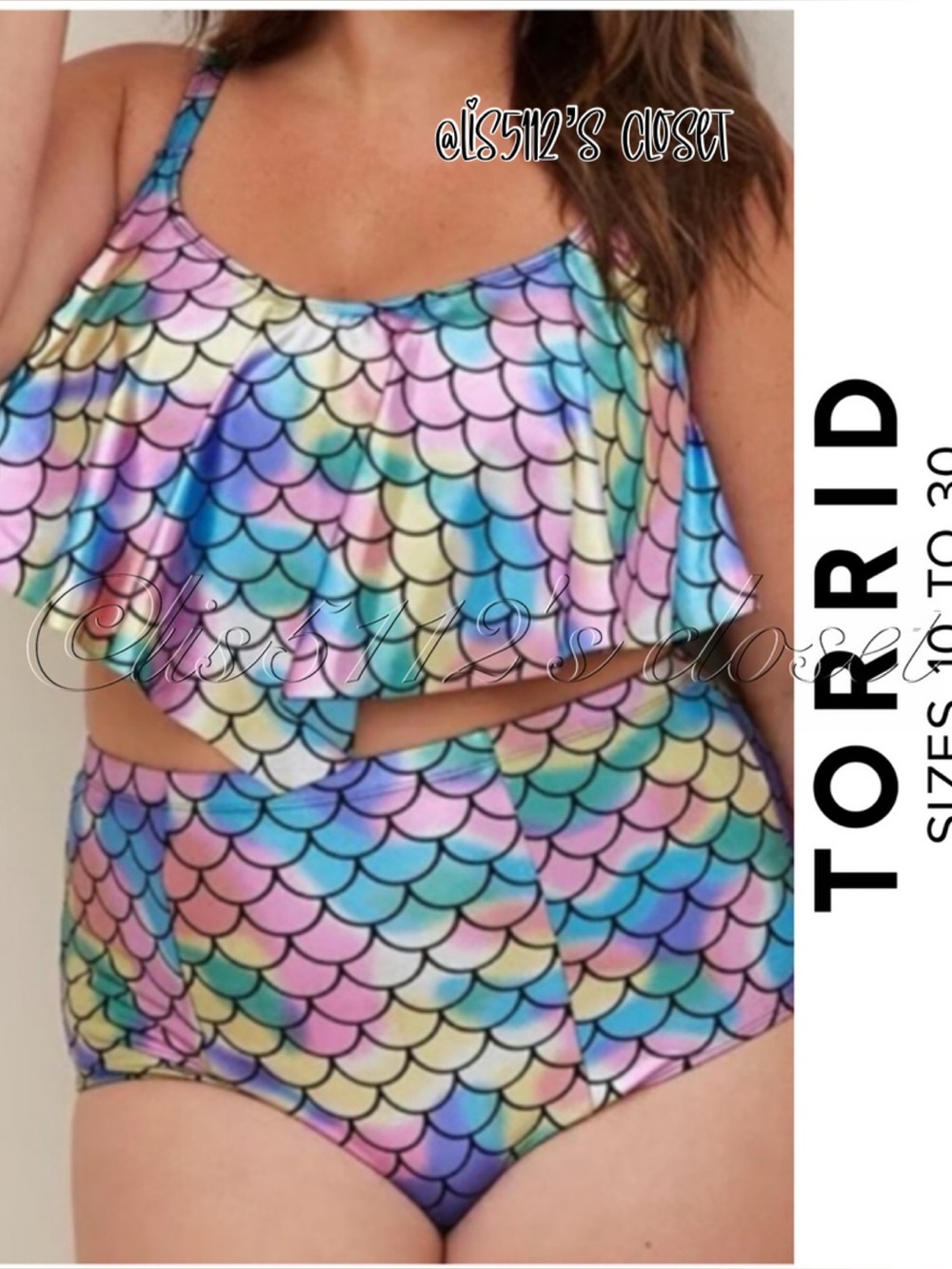 Torrid Iridescent Rainbow Mermaid Flounce Bikini Top & Bottom Swimsuit SET 4X 26